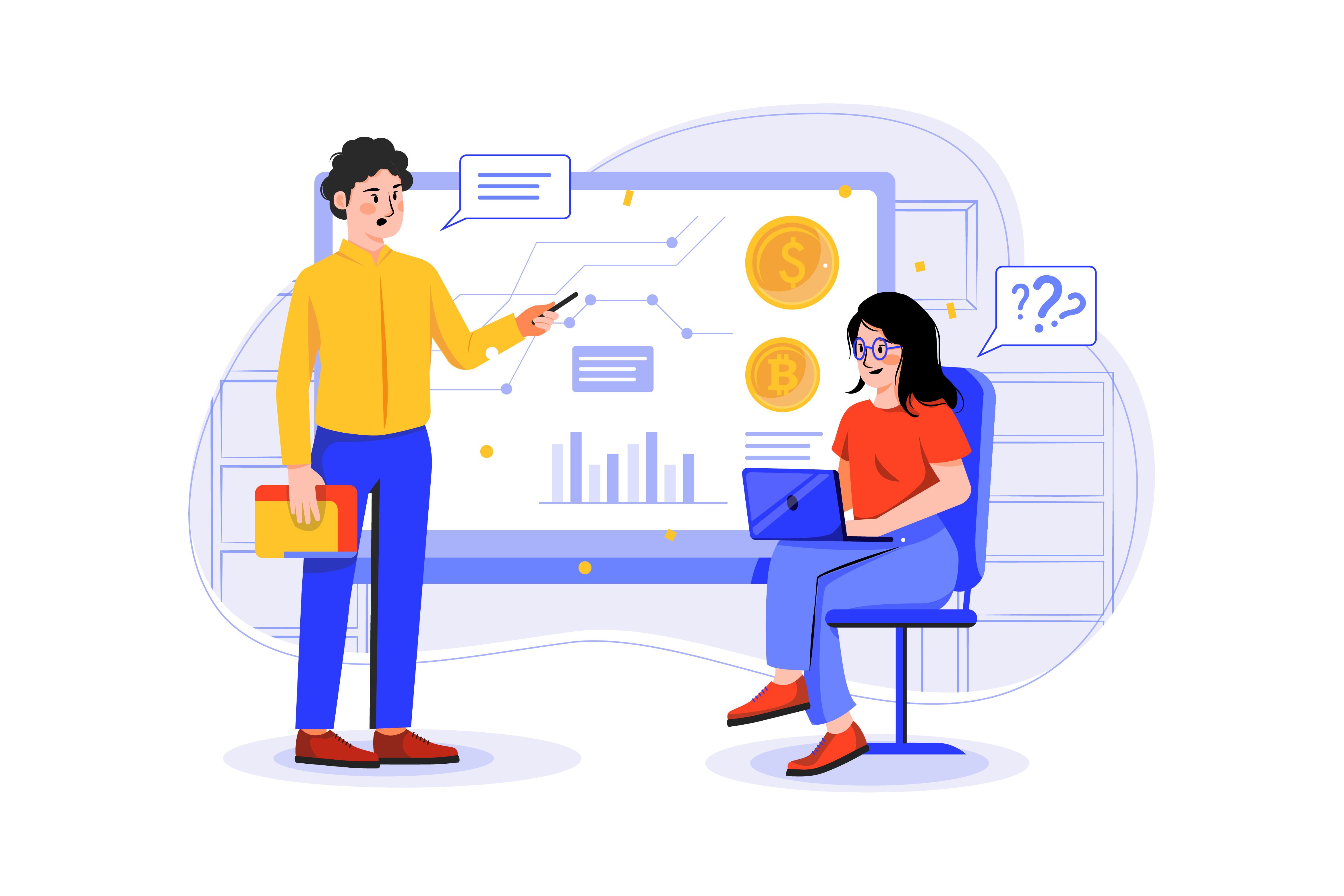 Learn cryptocurrency — illustration of two people studying crypto charts, Bitcoin and blockchain